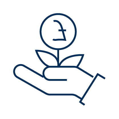 Blue illustration outline of an outstretched hand with a plant growing money in the palm